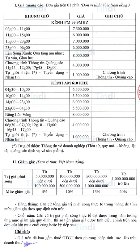 Bảng báo giá quảng cáo trên VOH tần số FM 99.9 Mhz và AM 610 Khz