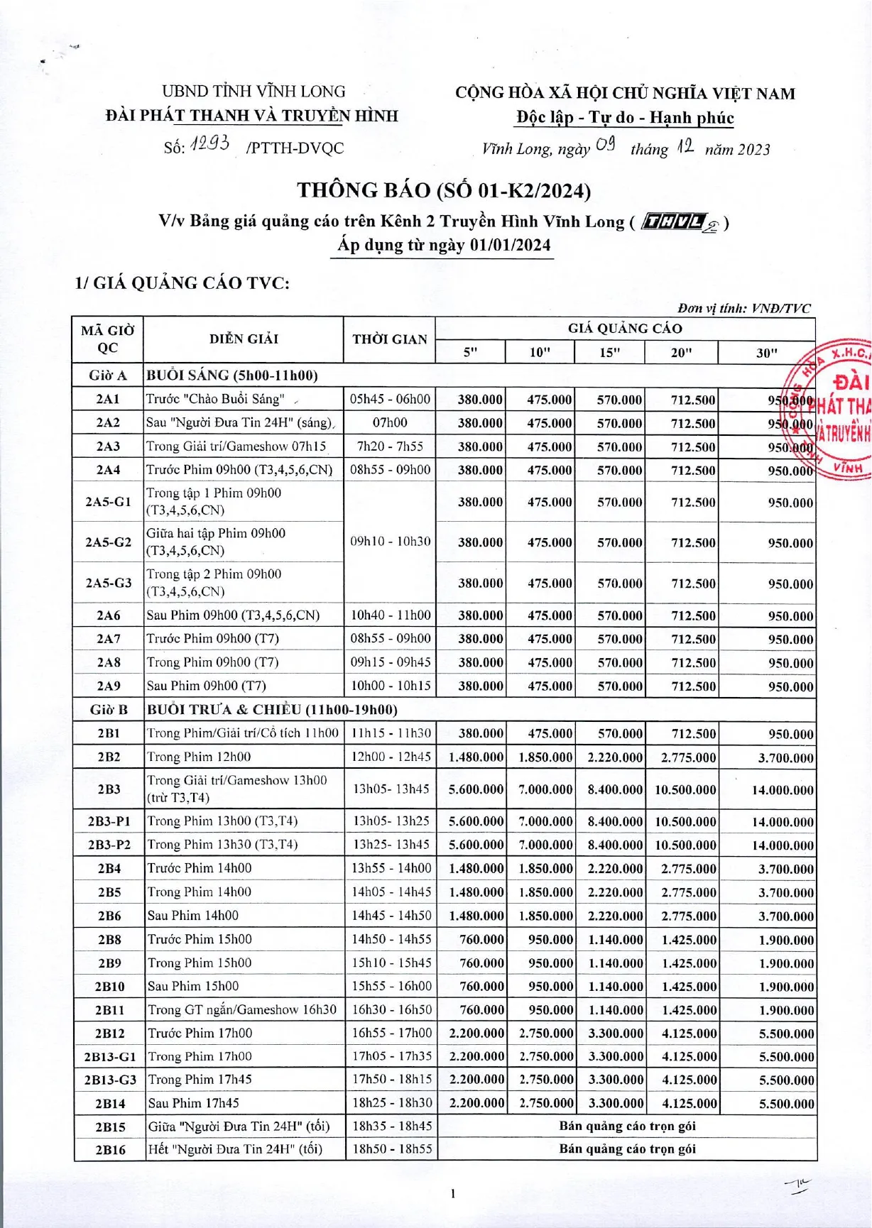 Bảng báo giá quảng cáo trên kênh truyền hình Vĩnh Long 2 - THVL2